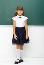 Cute girl in school uniform standing at blackboard Royalty Free Stock Photo