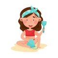 Cute Girl at Sea Shore Wearing Swimsuit Playing in Sand Vector Illustration Royalty Free Stock Photo