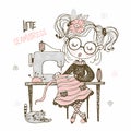 Cute girl seamstress sews on a sewing machine dress. Doodle style. Vector Royalty Free Stock Photo