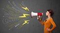 Cute girl shouting into megaphone with hand drawn lines and arrows Royalty Free Stock Photo