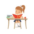 Cute girl sitting at the desk and reading a book, elementary school student in uniform vector Illustration on a white