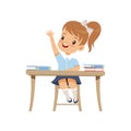 Cute girl sitting at the desk and rising her hand, elementary school student in uniform vector Illustration on a white