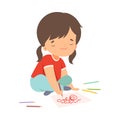 Cute Girl Sitting on the Floor and Drawing Picture with Pencil, Adorable Young Artist Cartoon Character, Kids Creative Royalty Free Stock Photo