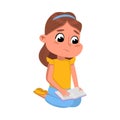 Cute Girl Sitting on Floor Reading Book, Lovely Preschooler Kid or Elementary School Student Enjoying Literature Cartoon