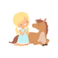 Cute Girl Sitting Next to Lying Foal, Kid Interacting with Animal in Contact Zoo Cartoon Vector Illustration Royalty Free Stock Photo