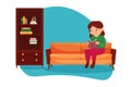 A cute girl is sitting on the sofa and reading an interesting book. Bookcase. Library. Vector illustration Royalty Free Stock Photo