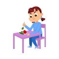 Cute Girl Sitting at Table and Eating, Child Does Not Want to Eat Vegetables Cartoon Style Vector Illustration Royalty Free Stock Photo