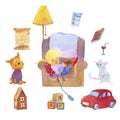 Cute girl sleeping in an armchair and collection of home environment dog, car, books, juice, house, checklist, lamp