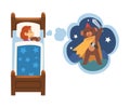 Cute Girl Sleeping in Bed and Dreaming About Bear Superhero with Sword, Kid Lying in Bed Having Sweet Dreams Vector Royalty Free Stock Photo