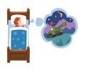 Cute Girl Sleeping in Bed and Dreaming About Military Tank, Kid Lying in Bed Having Sweet Dreams Vector Illustration