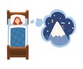 Cute Girl Sleeping in Bed and Dreaming About Mountaineering, Kid Lying in Bed Having Sweet Dreams Vector Illustration Royalty Free Stock Photo