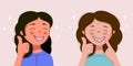Cute girl smiles and shows braces, illustration of a girl with braces, even teeth and a wide smile. The trend of flat design chara Royalty Free Stock Photo