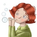 Cute girl with soap bubbles funny portrait, watercolor style illustration, children`s clipart with cartoon character Royalty Free Stock Photo