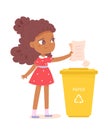 Cute girl sorting paper in trash bin, child holding crumpled paper, throwing garbage Royalty Free Stock Photo