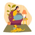 Cute girl spending time with dog and cat. Flat illustration