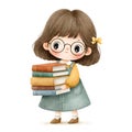 Cute Girl with Stack of Books in Watercolor Style Royalty Free Stock Photo