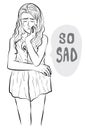 Cute girl very sad and cry outline