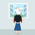 Cute girl standing back open window with unicorn Royalty Free Stock Photo