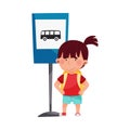 Cute Girl Standing Near Bus Stop Road Sign Vector Illustration Royalty Free Stock Photo