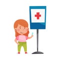 Cute Girl Standing Near Hospital Road Sign Vector Illustration