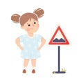 Cute Girl Standing Near Hump Traffic Sign on Pole Learning Rules of Road Vector Illustration