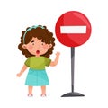 Cute Girl Standing Near Road Sign Vector Illustration Royalty Free Stock Photo