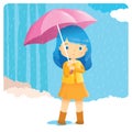 A cute girl standing in the rain with umbrella