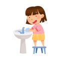 Cute Girl Standing on Stool Near Wash Stand Washing Her Hands with Soap Engaged in Personal Hygiene Vector Illustration Royalty Free Stock Photo
