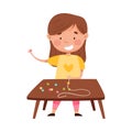 Cute Girl Standing at Table and Stringing Beads Vector Illustration