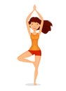 Cute girl standing in tree pose. Meditation, yoga concept. Cartoon vector illustration Royalty Free Stock Photo