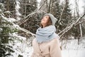 A cute girl in a hat stands with her eyes closed in winter Royalty Free Stock Photo