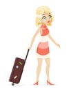 Cute Girl Suitcase Cartoon Retro Vintage Female Character on Sea Beach Summer Vacation Tourism Journey Travel Symbol Royalty Free Stock Photo