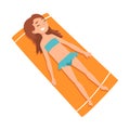 Cute Girl Sunbathing on Beach Towel, Top View of Smiling Lying Girl in Blue Bikini Vector Illustration Royalty Free Stock Photo