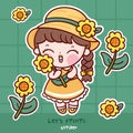Cute girl sunflower cartoon sticker collection kawaii character Royalty Free Stock Photo