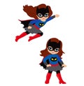Cute Girl superhero in flight and in standing position. Royalty Free Stock Photo