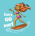 Cute girl surf on big wave cool summer t-shirt print. Girlfriend ride surfboard. Royalty Free Stock Photo