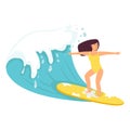 Cute girl surfing big wave cartoon Royalty Free Stock Photo