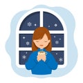 Cute girl in a sweater with a cup of tea near the window with snowflakes. Winter illustration, print vector Royalty Free Stock Photo