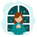 Cute girl in a sweater with a cup of tea near the window with snowflakes. Winter illustration, vector Royalty Free Stock Photo