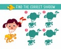 Cute girl swim with sea creatures underwater. Find the correct shadow. Game for children. Activity, color vector