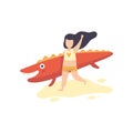 Cute Girl in Swimsuit Running with Inflatable Crocodile, Kid Having Fun on Beach on Summer Holidays Vector Illustration
