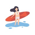 Cute Girl in Swimsuit Standing with Surfboard on Beach, Kid Going to Surfing Vector Illustration Royalty Free Stock Photo