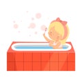 Cute Girl Taking Bath and Playing with Soap Bubbles, Adorable Little Kid in Bathroom, Daily Hygiene Vector Illustration Royalty Free Stock Photo