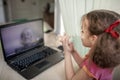 Cute girl talking with her grandmother within video chat on laptop, life in quarantine time Royalty Free Stock Photo