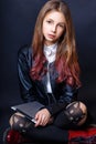 Cute girl teenage with long hair posing studio nature portrait. Royalty Free Stock Photo