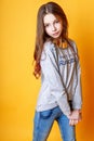 Cute girl teenage with long hair posing studio nature portrait Royalty Free Stock Photo