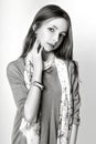 Cute girl teenage with long hair posing studio nature portrait. Black and white Royalty Free Stock Photo