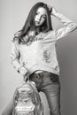 Cute girl teenage with long hair posing studio nature portrait. Black and white Royalty Free Stock Photo