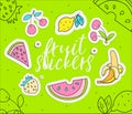 Cute Girl teenager colored fruit summer icon sticker, fashion cute teen and princess line icons. Magic objects -