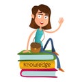 Cute girl teenager sitting on a pile of books and waving. flat style vector illustration isolated on white background. Smart kid